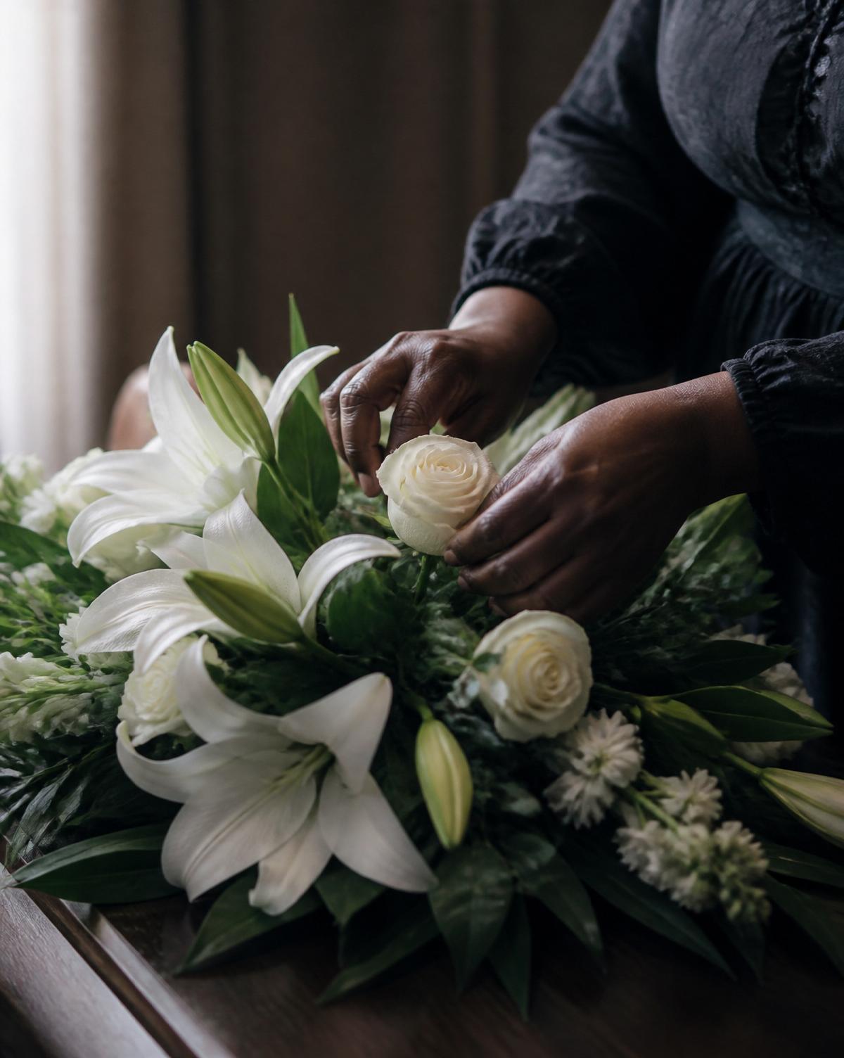 White lilies and roses arranged for a funeral service